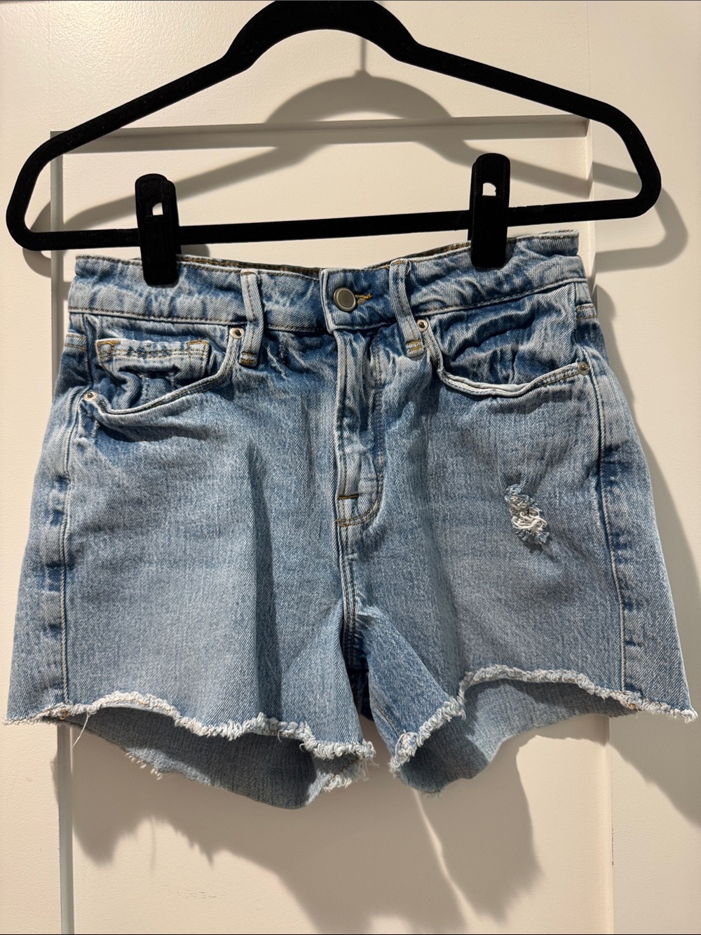 Good American Light Blue High-Rise Frayed Denim Shorts